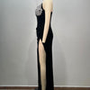 Abito lungo da donna nero a fascia aderente con strass a caldo