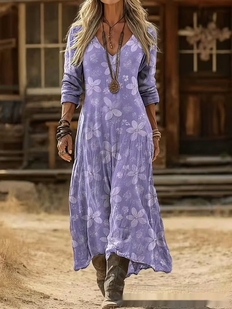 Womens 3D-printed V-neck Long-sleeve Dress