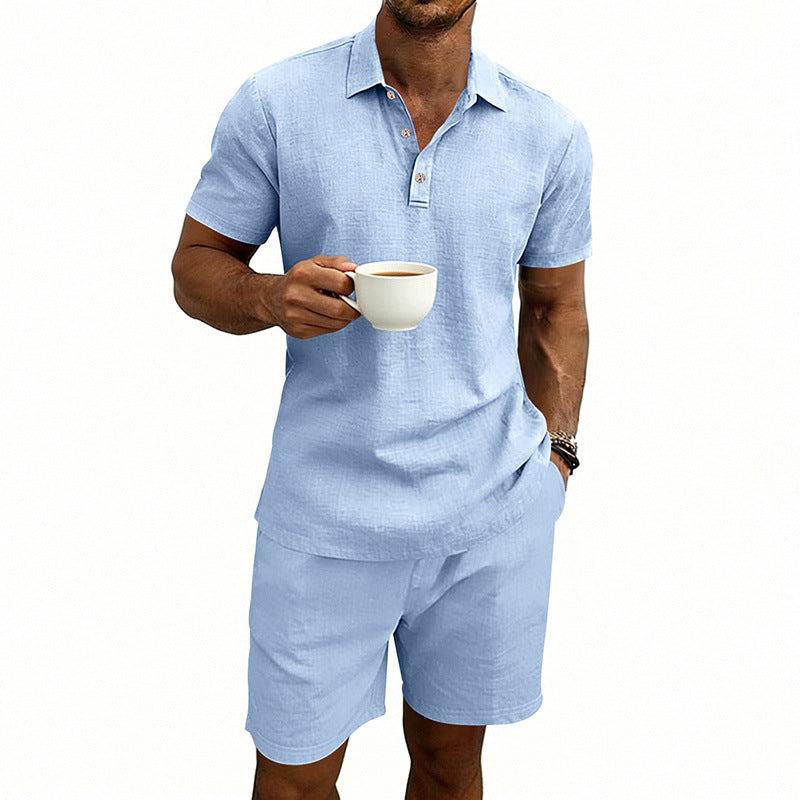 Set di pantaloncini e camicia a maniche corte casual da uomo in lino
