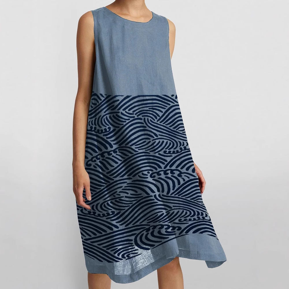 Womens Sleeveless Crew-Neck Printed Tank Top Casual Dress