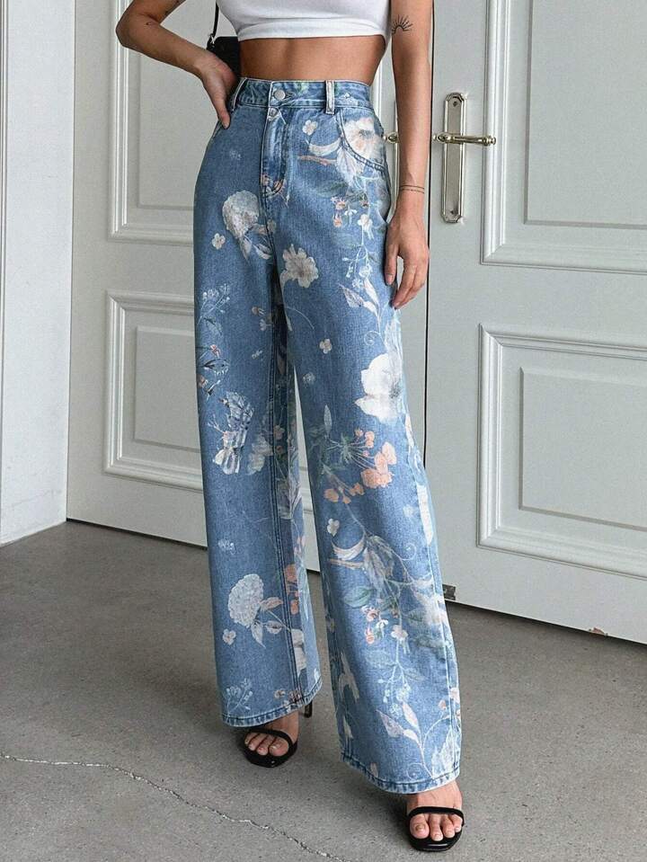 Jeans da donna vintage all'americana con stampa floreale blu