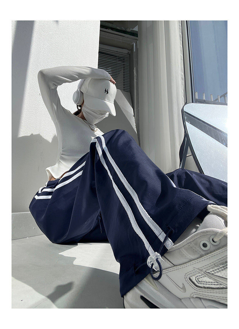 Ribbon Parallel Bars Contrast Color Loose Straight Slimming Draping Pants