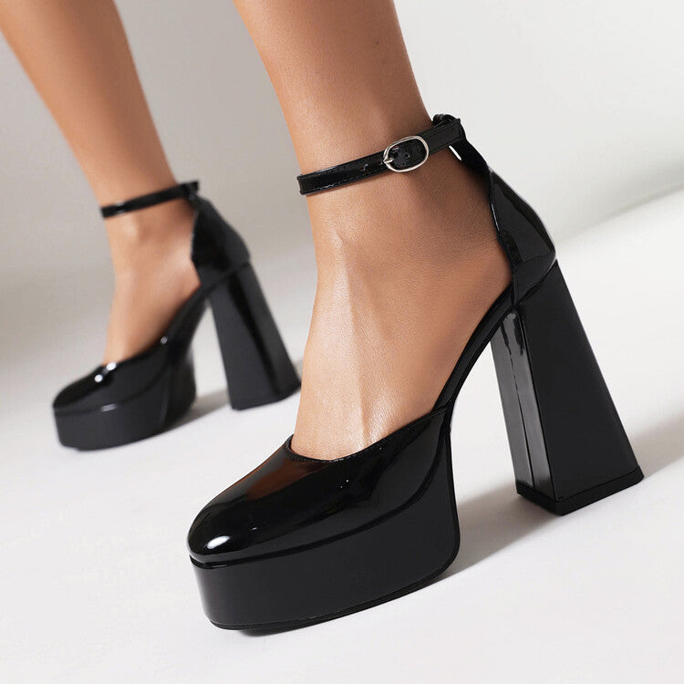 European And American Style Patent Leather Round Toe Waterproof Platform Thick Heel High Heels