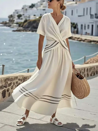 Summer Vacation V-Neck Womens Short-Sleeve Pleated Maxi Dress