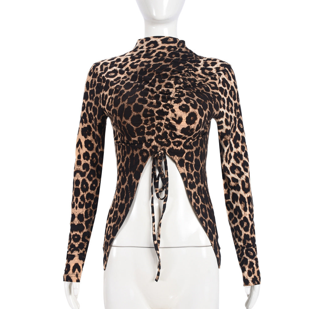 Camicia a maniche lunghe attillata versatile con coulisse e stampa leopardata da donna