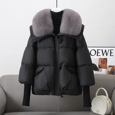 Women's Short Down Cotton Jacket, Fashionable And Loose Cotton Coat, Oversized Fur Collar And Thick Cotton Jacket