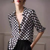 Camicia da donna a quadri in seta satinata, stile retrò, di alta qualità, bianca e nera