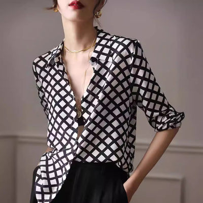 Camicia da donna a quadri in seta satinata, stile retrò, di alta qualità, bianca e nera