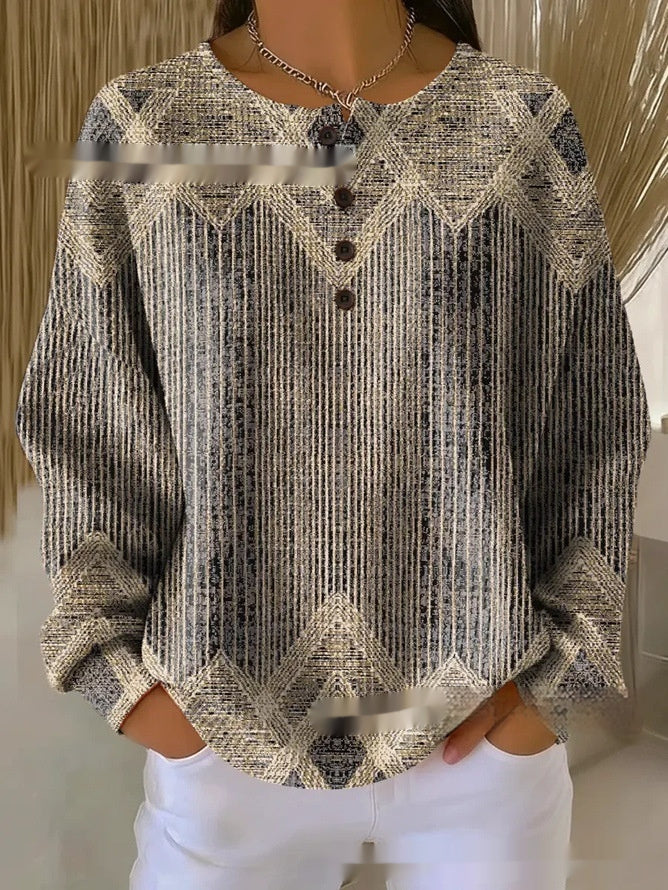 Maglietta da donna con stampa digitale 3D geometrica retrò e colletto alla coreana a tre bottoni
