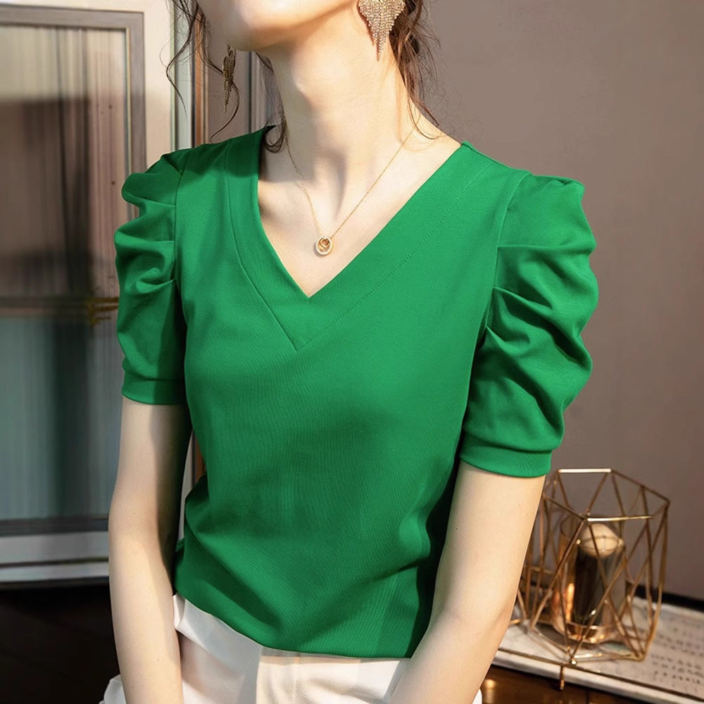 Top da donna vintage con maniche a sbuffo a pieghe