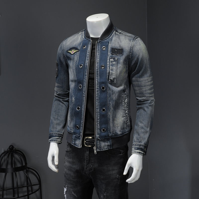 Giacca da uomo in denim con colletto rialzato, giacca da uomo