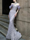 Vestito da sera con perline Purple Host Starry Sky Annual Meeting, modello a cavezza, da sfilata, a coda di sirena