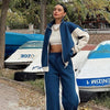 Casual Retro Contrast Color Long Sleeves Zipper Coat And Trousers Two-piece Set