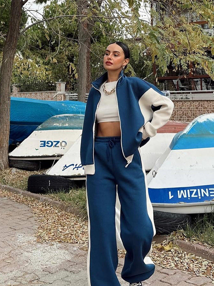 Casual Retro Contrast Color Long Sleeves Zipper Coat And Trousers Two-piece Set