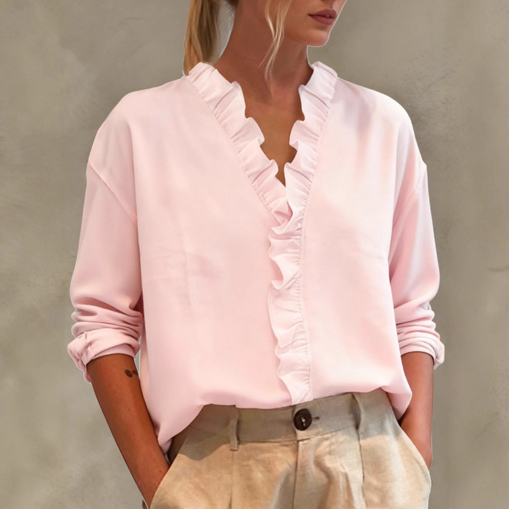 Camicetta da donna casual a maniche lunghe con scollo a V e bordo in pizzo