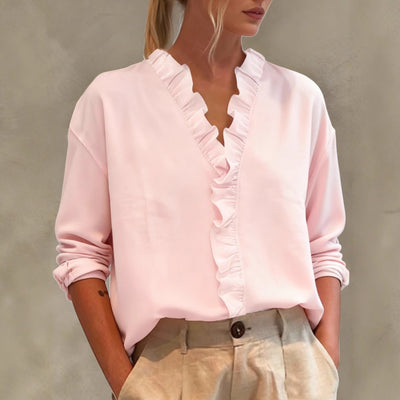 Camicetta da donna casual a maniche lunghe con scollo a V e bordo in pizzo