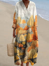 Resort Style Printed Long Sleeve For Women Loose Fitting V Neck Maxi Dress
