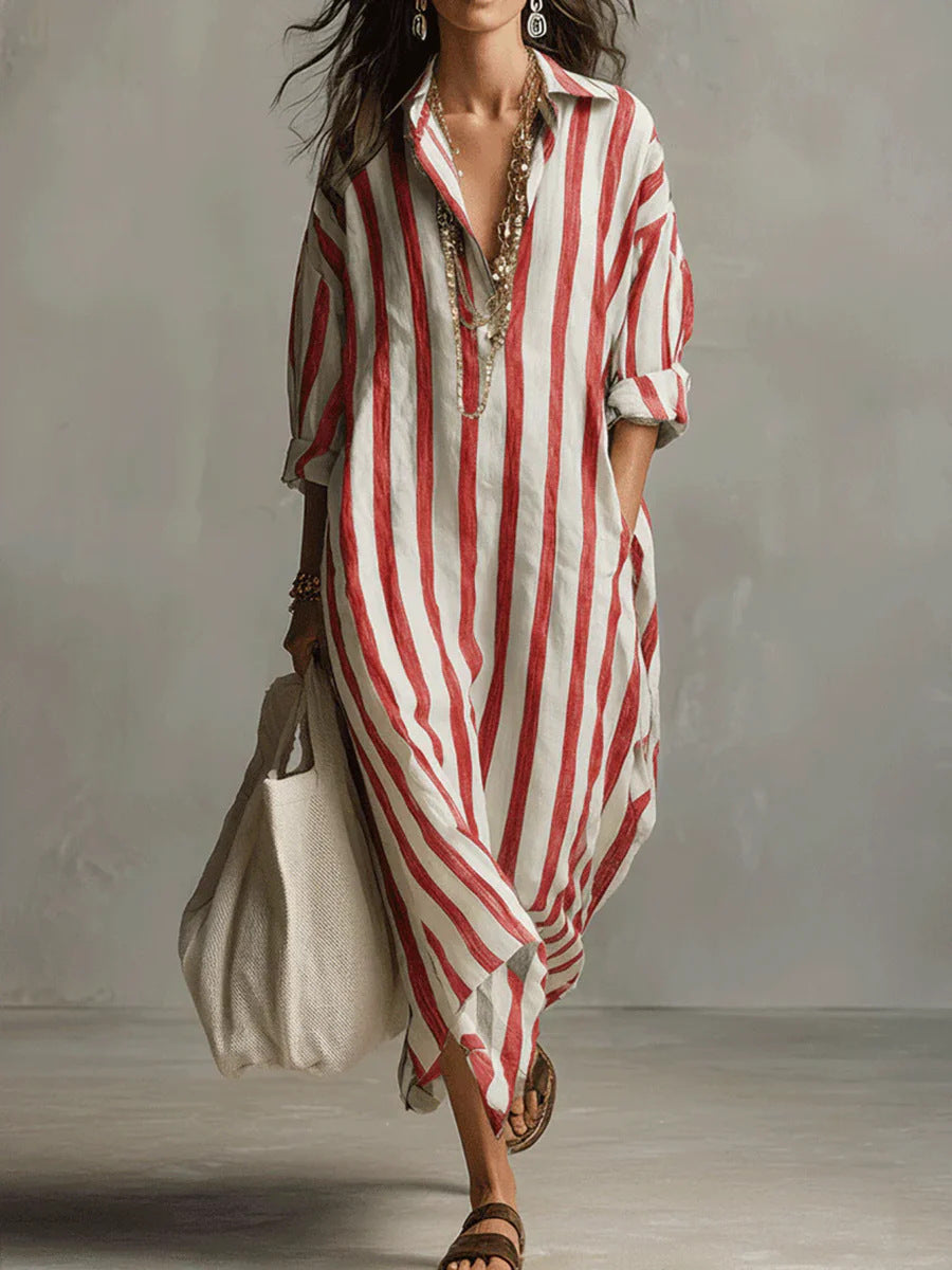 Loose V-neck Long Striped Shirt Dress