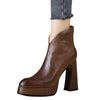 Retro Brown Chunky Heels Round Head Temperament Back Zipper Platform Booties