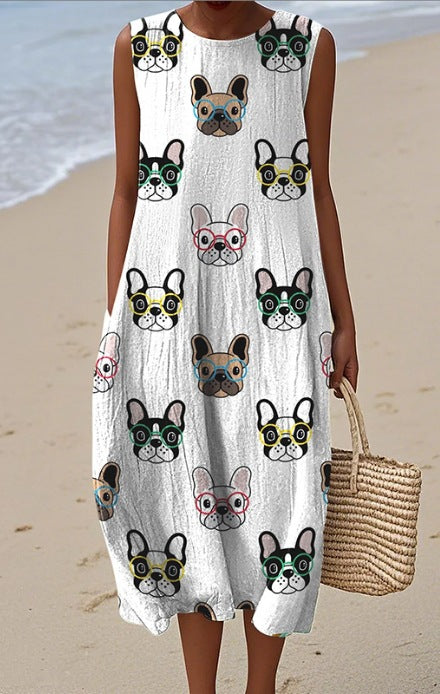 Pocketed Crew-neck Dress With Geometric And Floral Elements