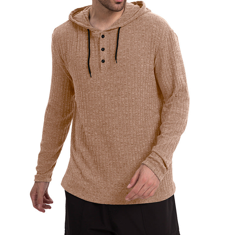 Long-sleeve Casual Pullover Hoodie With Drawstring And Buttons