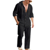 Set Casuale di Camicia a Maniche Lunghe con Cappuccio e Pantaloni in Lino Traspirante e Ampio