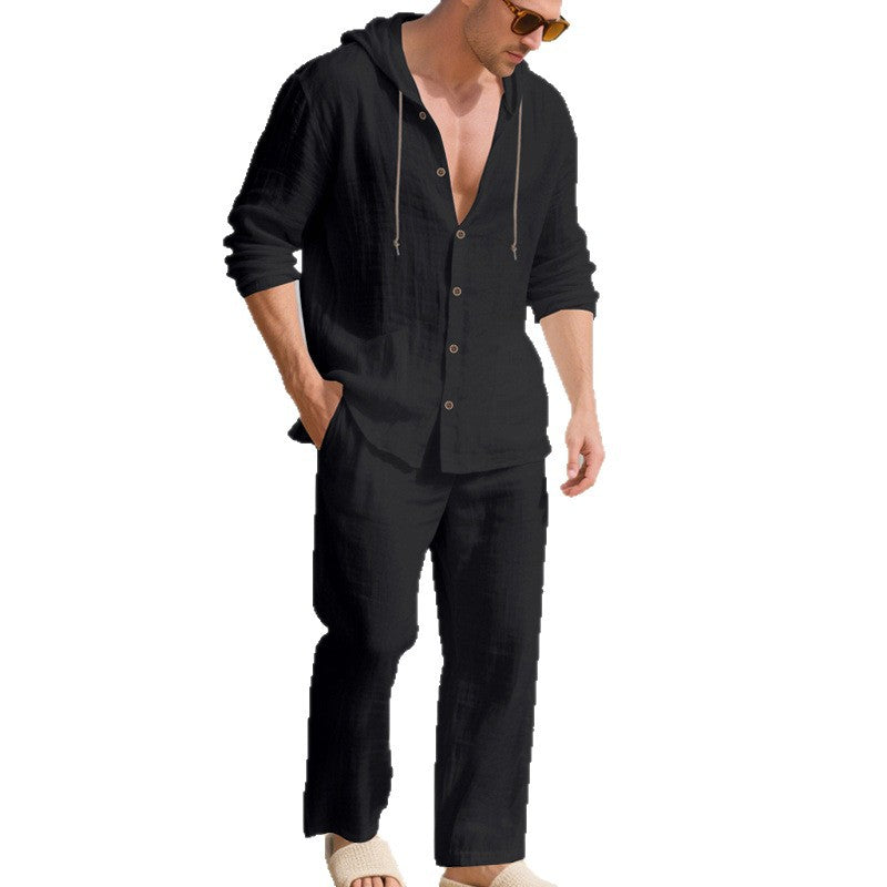 Set Casuale di Camicia a Maniche Lunghe con Cappuccio e Pantaloni in Lino Traspirante e Ampio