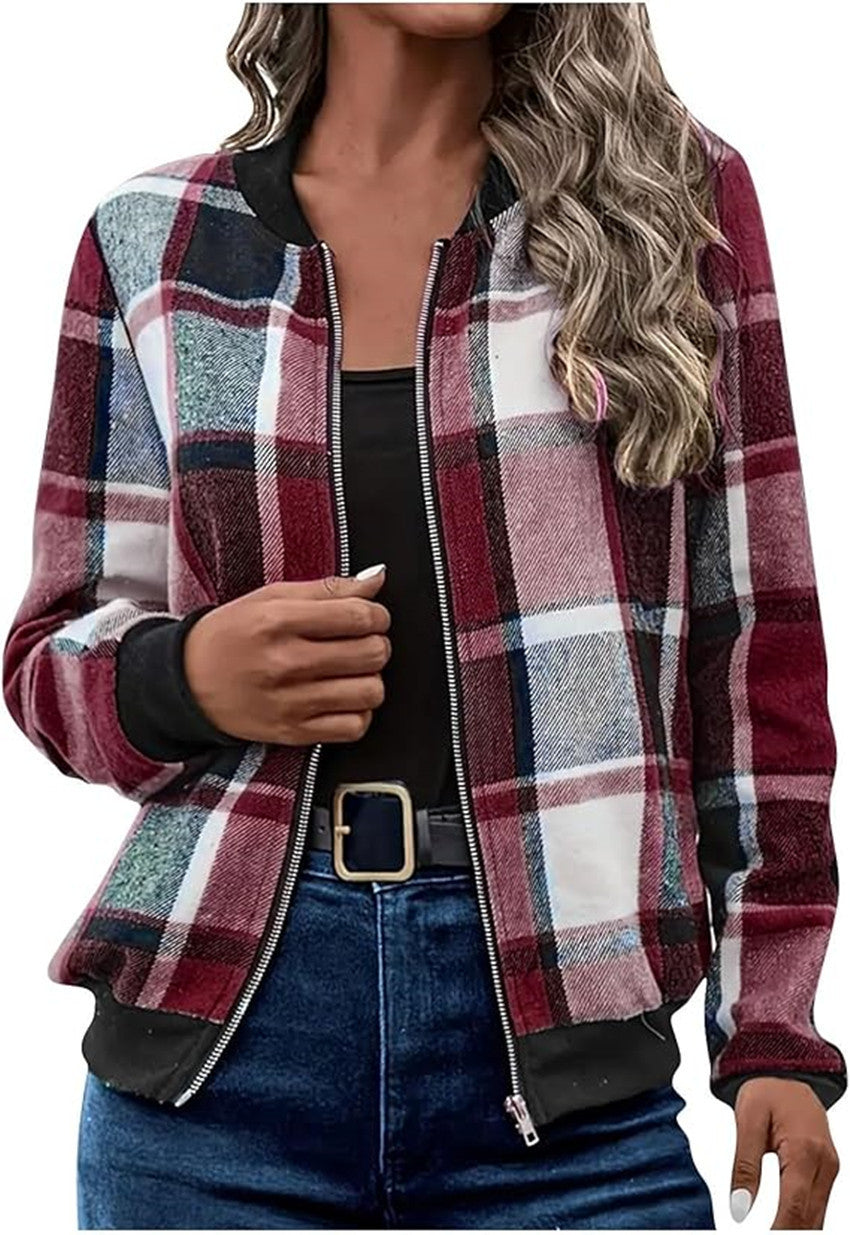 Temperament Commute Women's Plaid Zipper Baseball Uniform