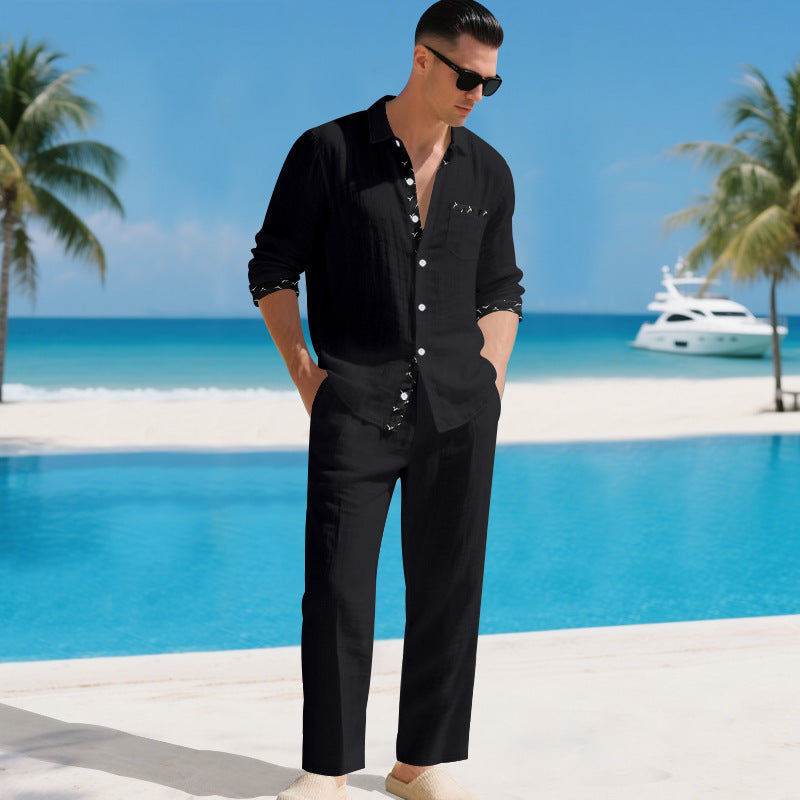 Set due pezzi camicia e pantaloni in lino da uomo