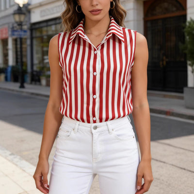 Retro Striped Vest Polo-neck Sleeveless Top