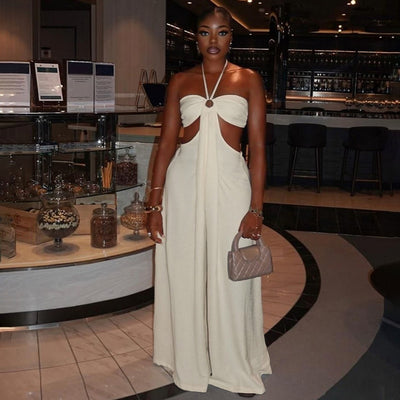 Loose Lace Up Hanging Neck Hollow Jumpsuit