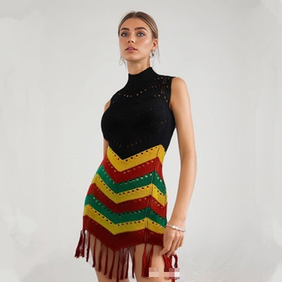 Womens Fashion High-Neck Sleeveless Hollow-Out Knitted Dress