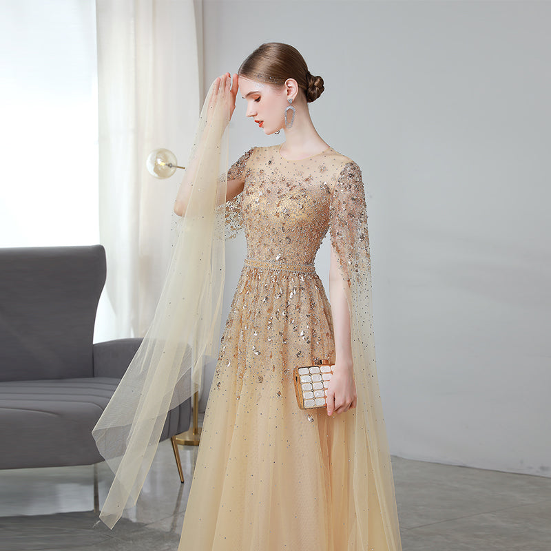 Vestito da Sera Lungo Elegante Maniche Svolazzanti Oro