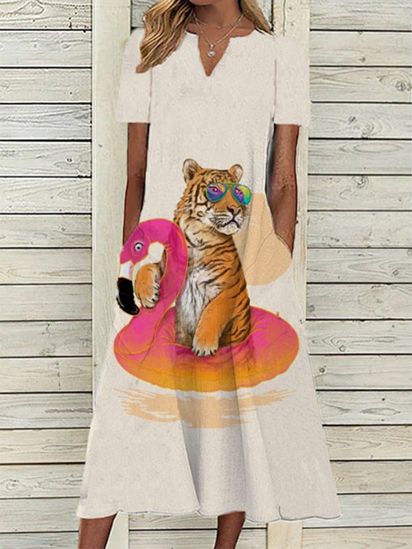 Women's Oil Painting Flower V-neck A- Line Dress