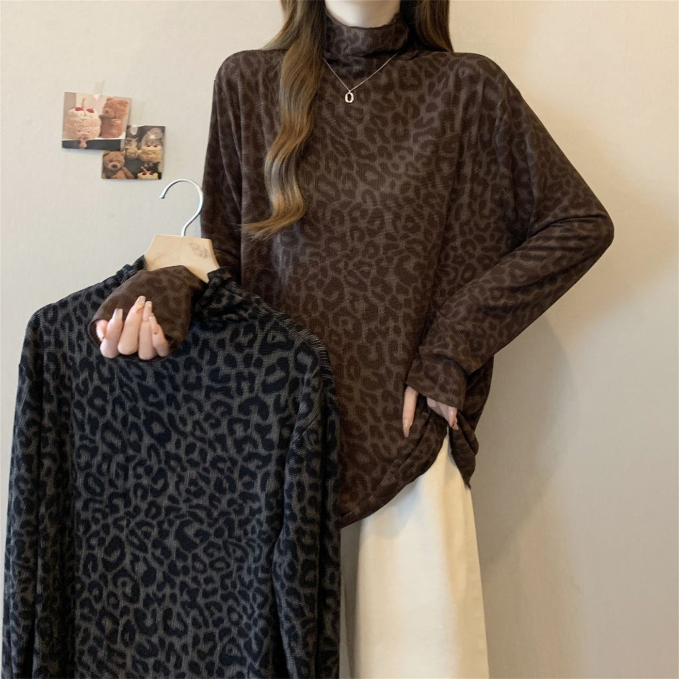 Leopard Print Semi-high Collar Long Sleeve