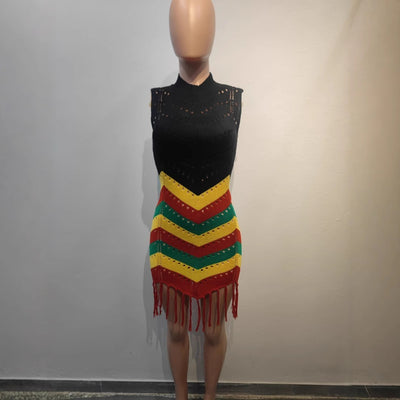 Womens Fashion High-Neck Sleeveless Hollow-Out Knitted Dress