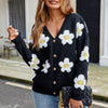 Cardigan lavorato a maglia con scollo a V e fiori tridimensionali per donna europea e americana