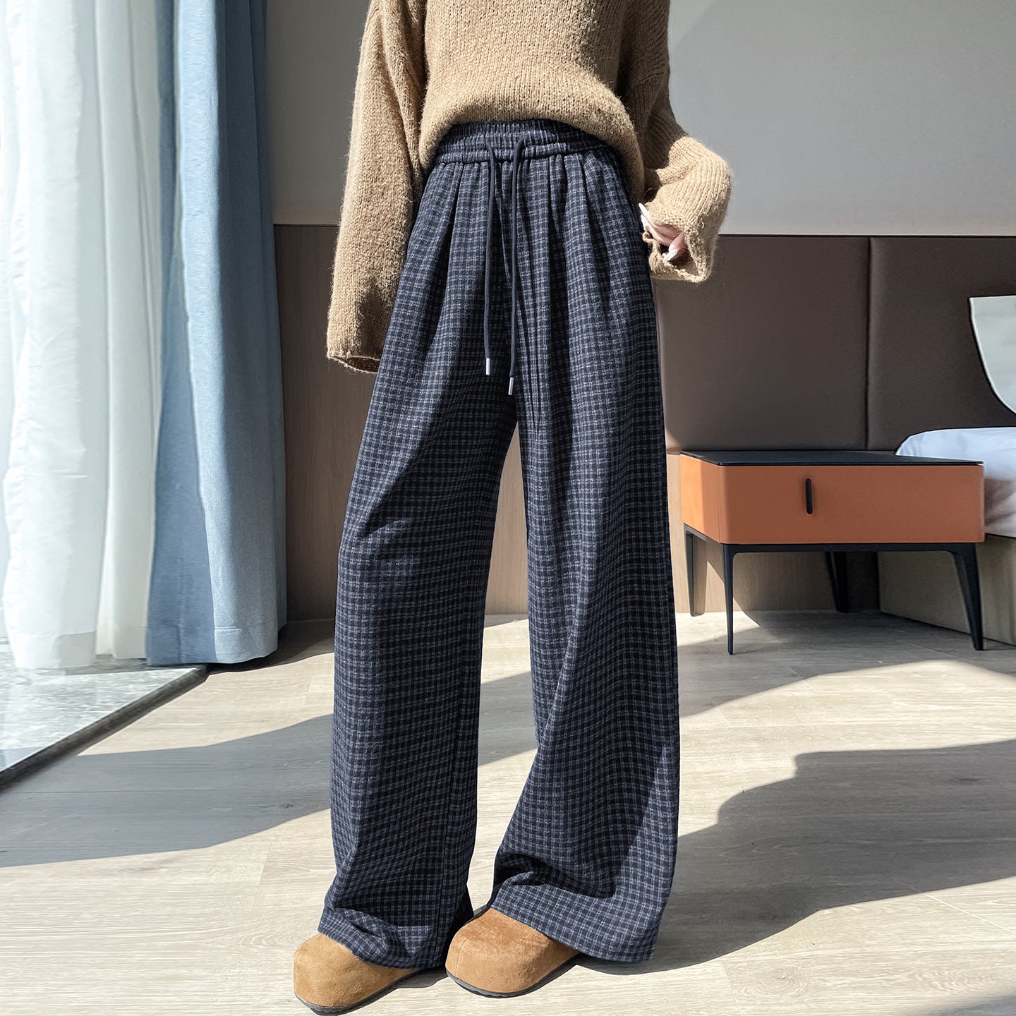 Autumn And Winter Lattice Loose Pants Women's High Waist Slimming Loose Straight