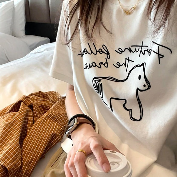 SpringSummer Cartoon Print Short-Sleeve T-Shirt Womens Loose Casual Fashionable