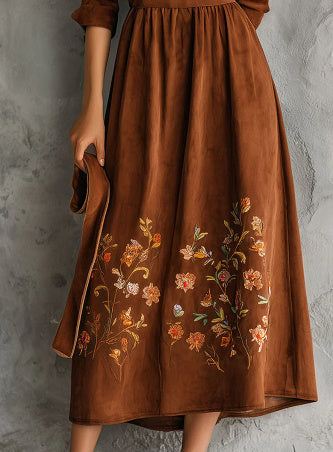 Vintage Brown Floral Embroidered Suede Midi Dress