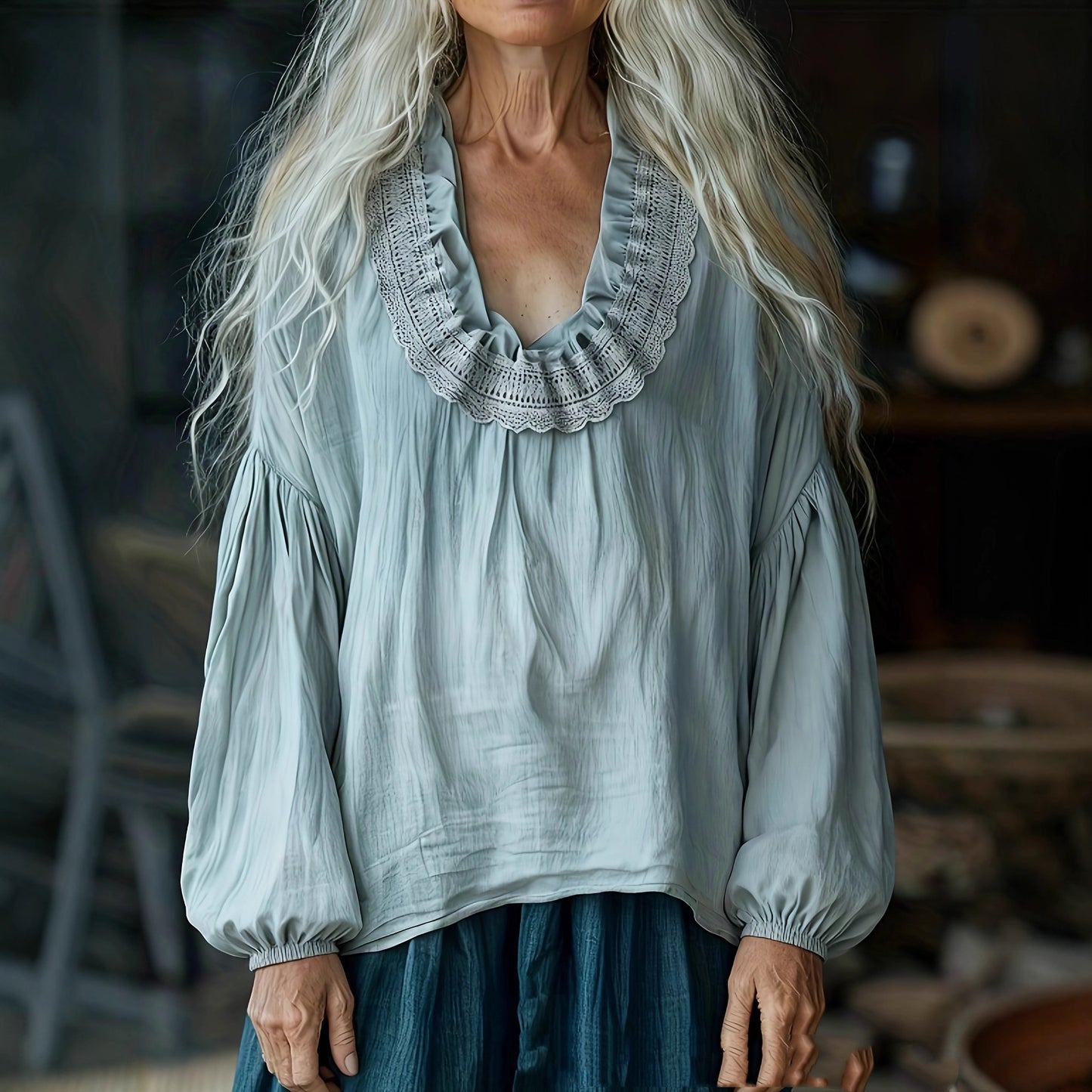 Camicia casual ampia, a maniche a lanterna, stile foresta, adatta a tutto