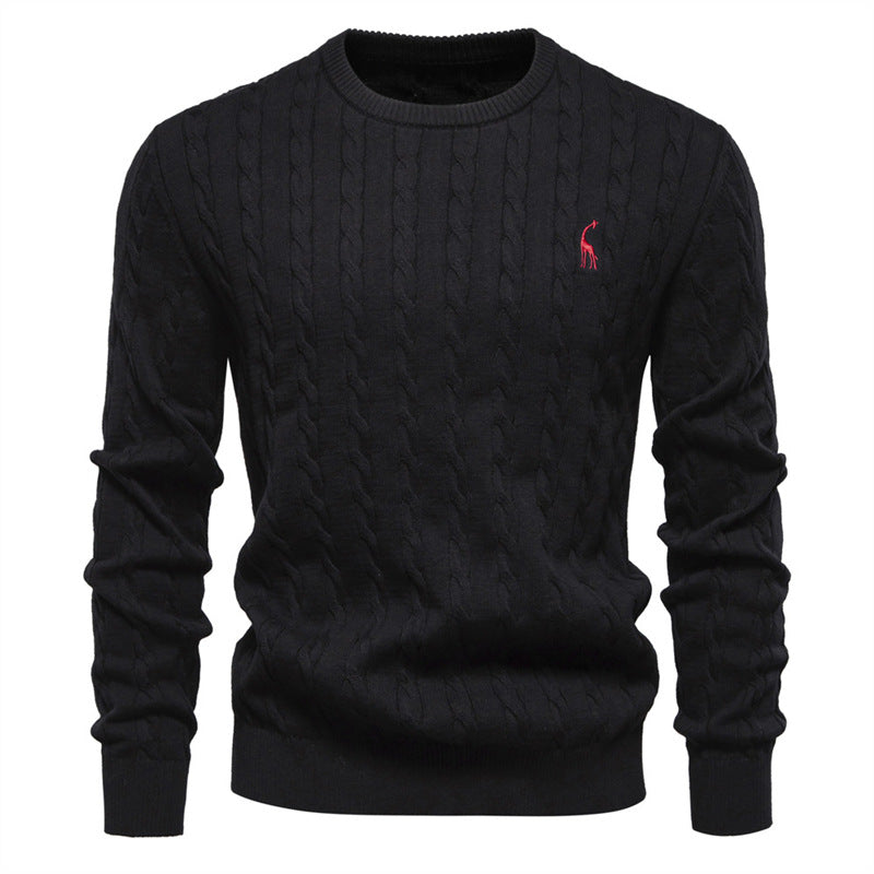 Maglione a Tinta Unita Ricamato in Maglia con Motivo Cervo