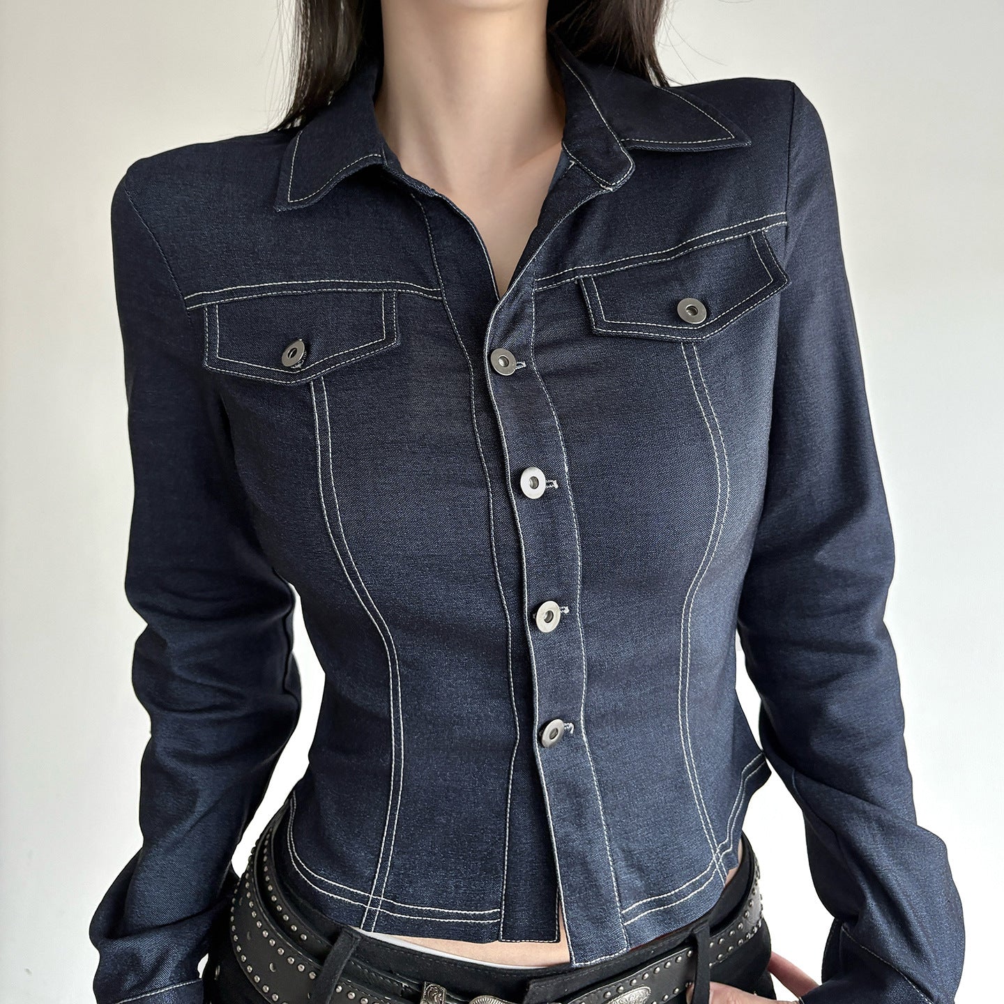 Retro Style Blue Flanging V-neck Shirt Long Sleeve T-shirt
