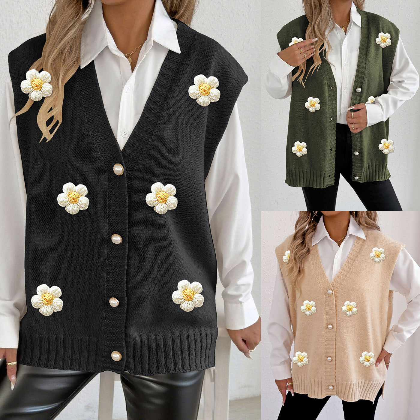 Cardigan da donna con bottoni di perle e cuciture all'uncinetto