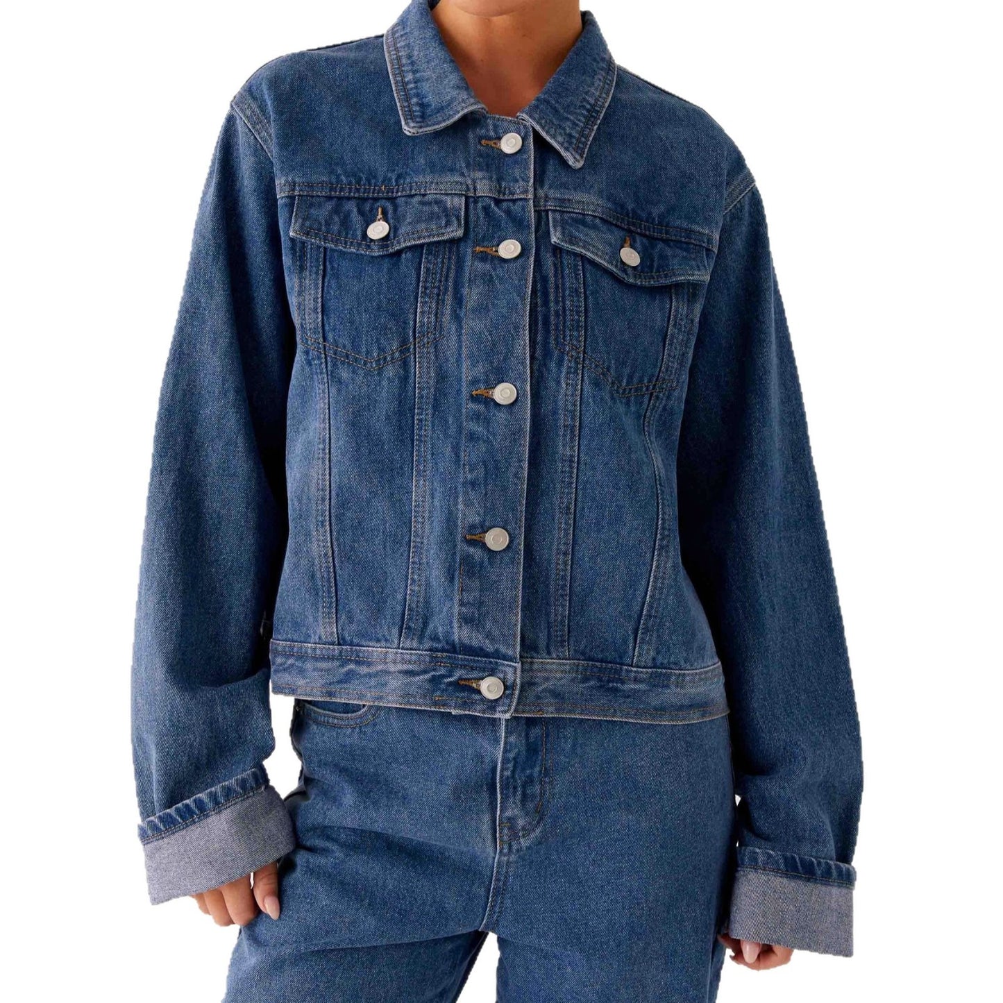 Giacca di jeans casual con colletto rovesciato e maniche lunghe