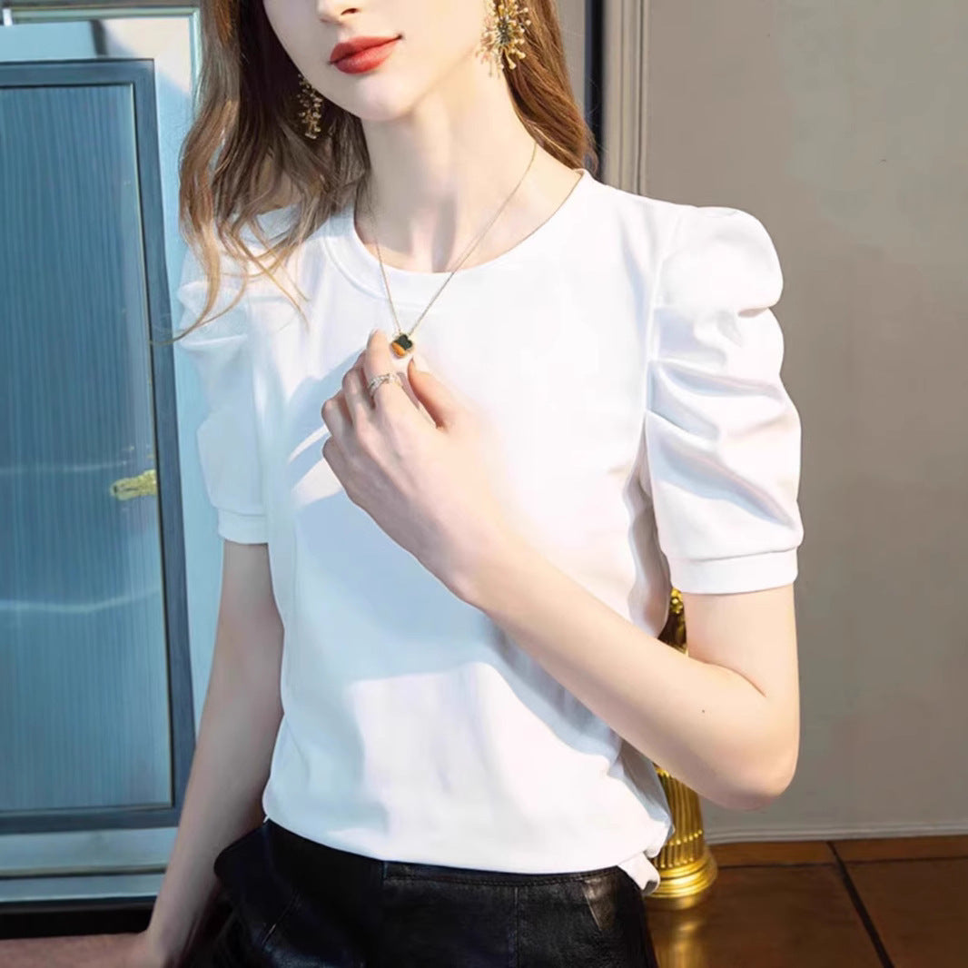 Top da donna vintage con maniche a sbuffo a pieghe