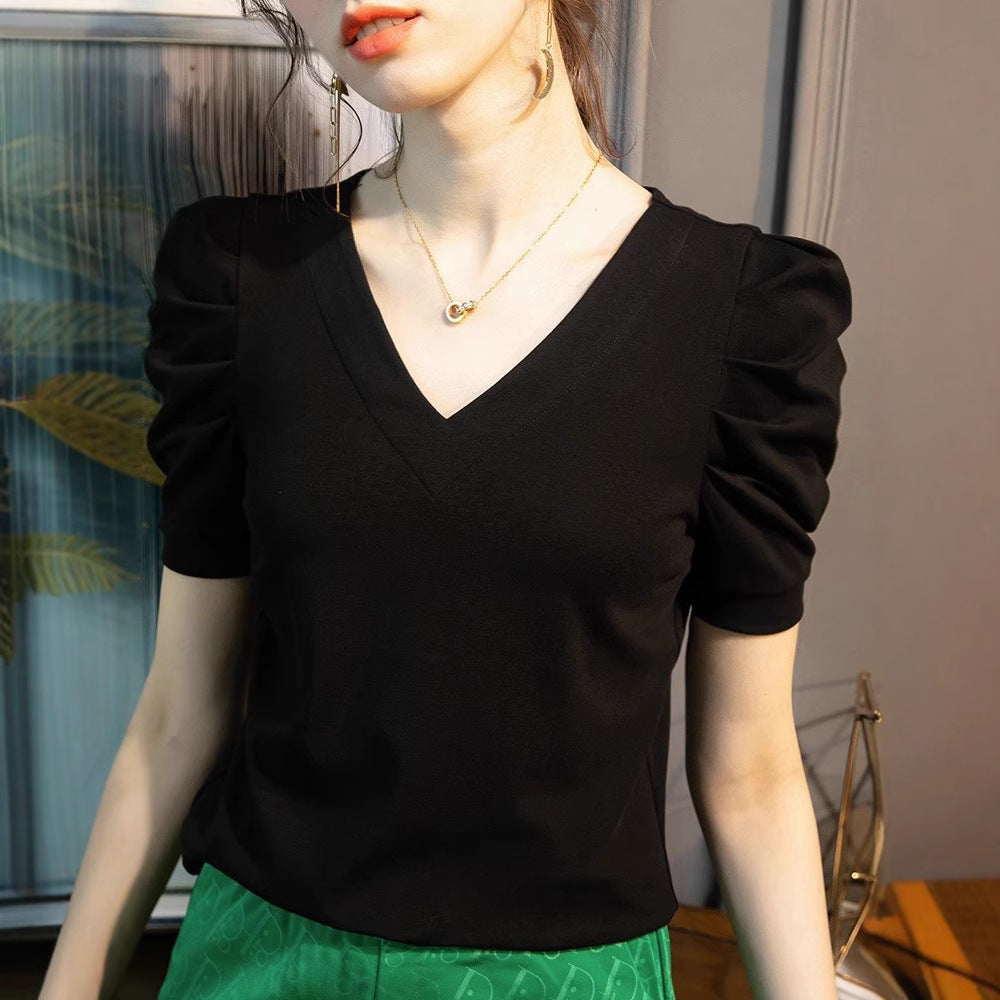 Top da donna vintage con maniche a sbuffo a pieghe
