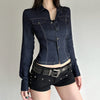 Retro Style Blue Flanging V-neck Shirt Long Sleeve T-shirt