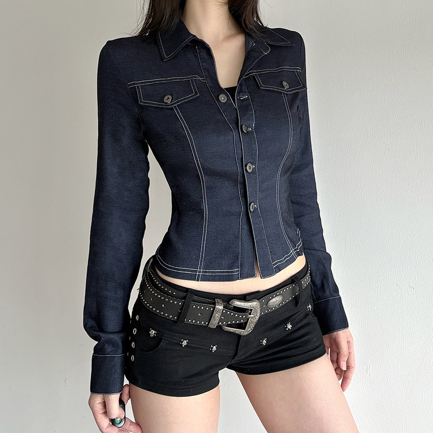 Retro Style Blue Flanging V-neck Shirt Long Sleeve T-shirt