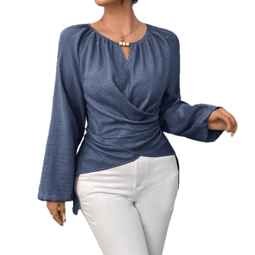 Womens Woven Long-sleeve Top With Tie Detailing And An Asymmetrical Hem